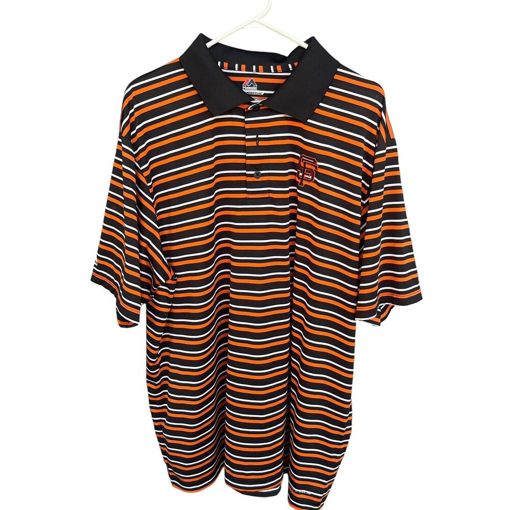 Majestic SF Giants Polo Shirt 2X Orange Black Striped Short Sleeve Baseball MLB‎